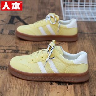人本黄色帆布鞋女2026春季新款初中学生运动鞋子百搭透气平底板鞋