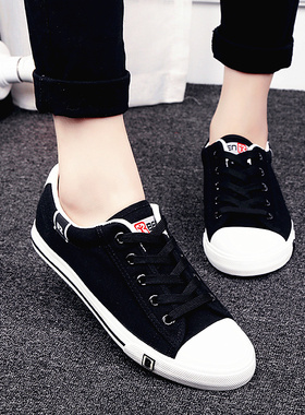 人本帆布鞋女春季低帮黑色韩版平底42休闲学生板鞋子大码40 41-43