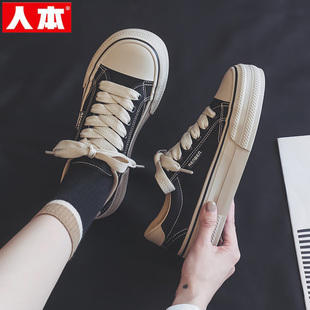 人本厚底帆布鞋女2026春季新款黑色复古休闲运动板鞋透气学生球鞋