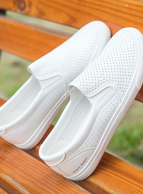 人本新款小白鞋女鞋一脚蹬鞋子透气女款帆布鞋女士镂空白色护士鞋