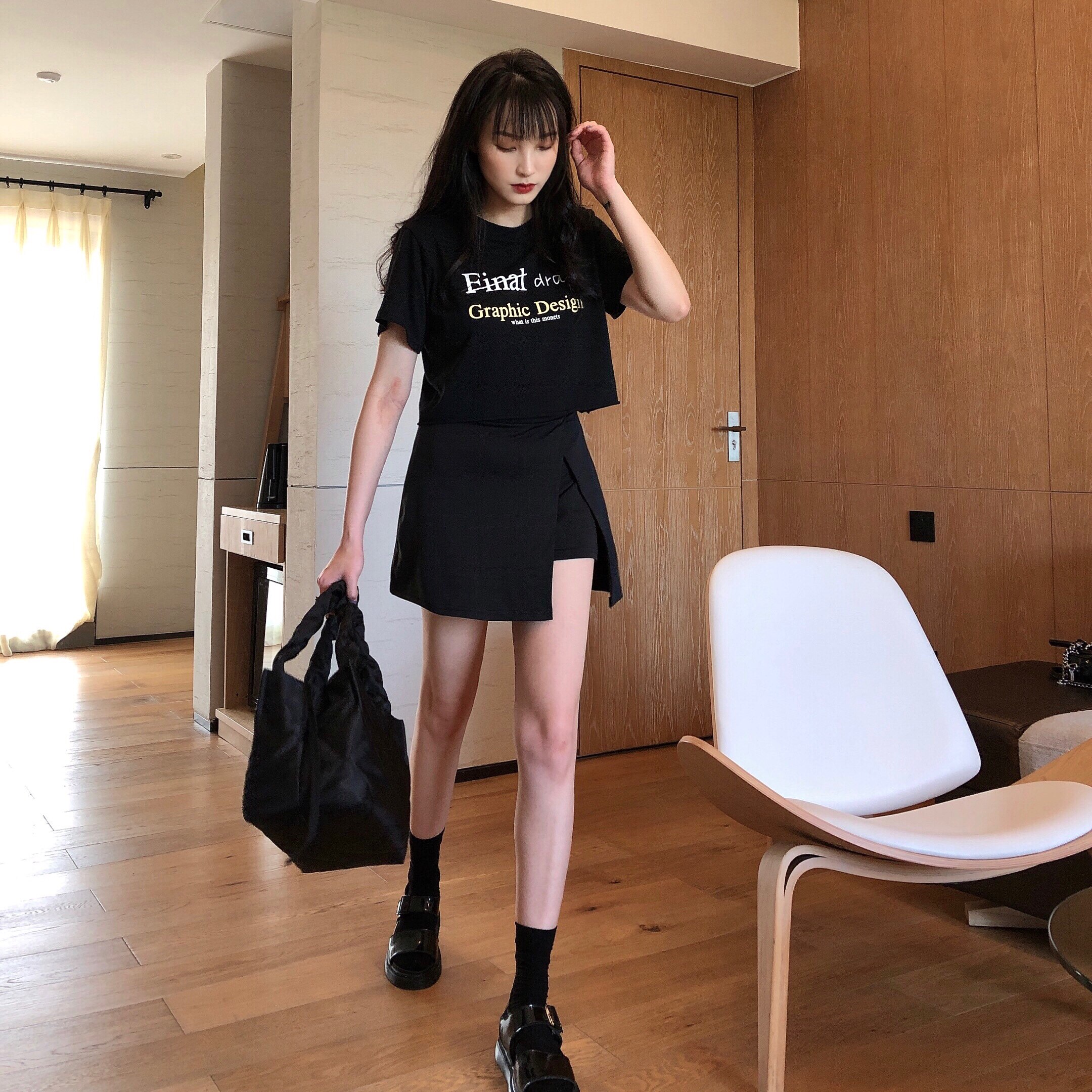 cheers干杯 / 纯黑不规则港风百搭西装面显瘦高腰小黑裙裤裙夏女