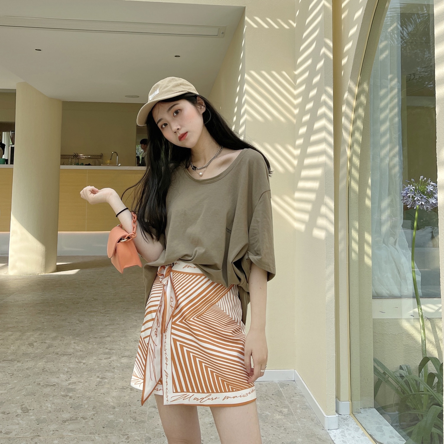 cheers干杯 / 好质感橙白色斜纹腰部丝带显瘦半身裙a字裙女2023夏