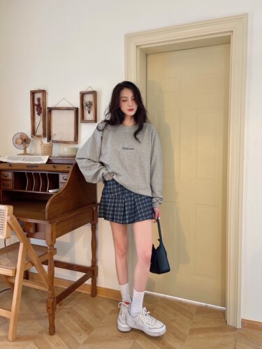 学院格纹少女感拼色百褶裙学生裙