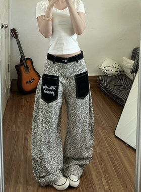NovaMode美式复古豹纹口袋牛仔裤女款宽松街头阔腿弯刀休闲拖地裤