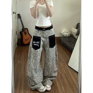 宽松街头阔腿弯刀休闲拖地裤 女款 复古豹纹口袋牛仔裤 NovaMode美式