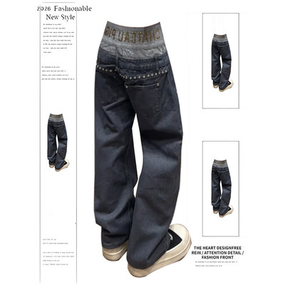 美式复古假两件拼接铆钉牛仔裤女