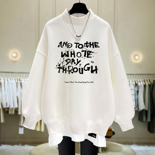 美式字母半高领卫衣女2026春秋冬宽松加绒加厚假两件中长款遮屁股