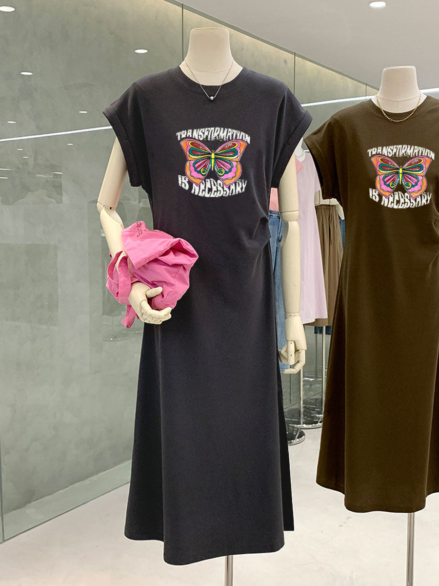 茶歇法式连衣裙2025新款夏季韩版彩色蝴蝶开叉收腰显瘦无袖t恤女,女装/女士精品,连衣裙,淘宝优惠券,粉丝福利购,淘宝优惠卷