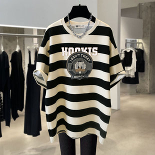 卡通唐老鸭字条纹圆领短袖 潮 T恤女2025春夏印花宽松纯棉中长款