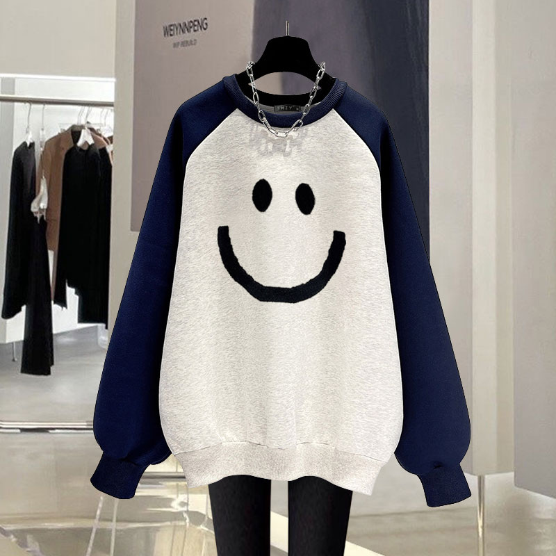 拼色插肩袖笑脸卫衣中长款