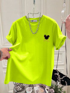 2026新款夏季韩版小众设计感印花上衣棉大版宽松荧光绿t恤女短袖