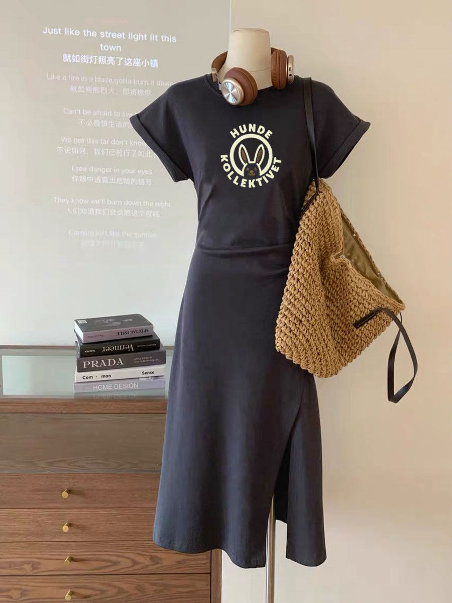 短袖t恤女裙子2025新款夏季兔子字收腰显瘦茶歇法式连衣裙长款,女装/女士精品,连衣裙,淘宝优惠券,粉丝福利购,淘宝优惠卷