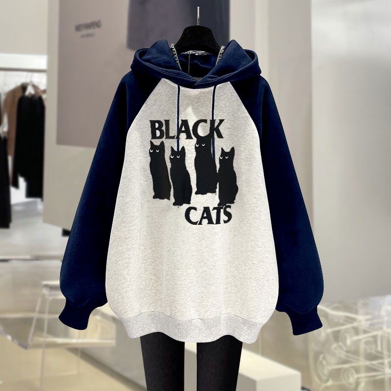 黑色小猫咪拼色插肩袖连帽卫衣女2025春秋冬宽松加绒加厚中长款潮,女装/女士精品,卫衣/绒衫,淘宝优惠券,粉丝福利购,淘宝优惠卷