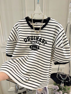 2026新款美式复古橄榄球印花小衫上衣法式小众条纹泡泡短袖T恤女