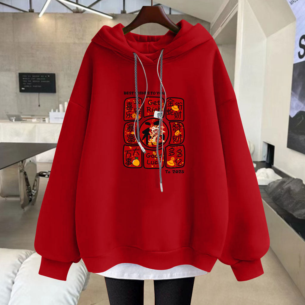 加绒宽松棉连帽假两件卡通卫衣女