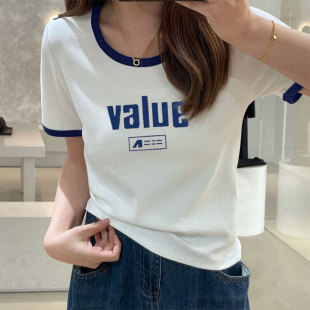 短袖t恤女2026夏季新款宽松修身设计感小众小个子印花撞色上衣ins