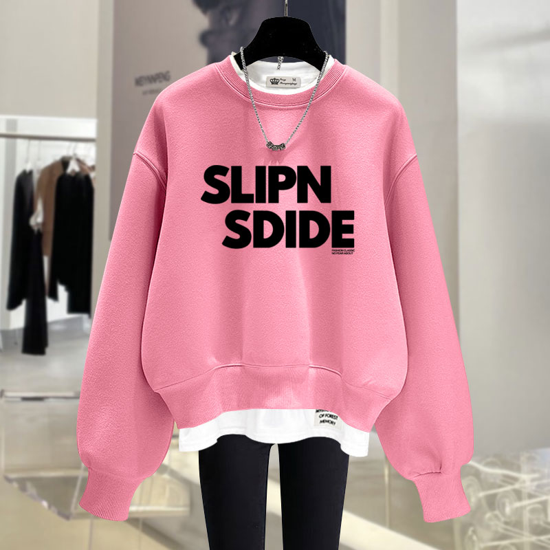 女字母印花上衣拼色宽松显瘦