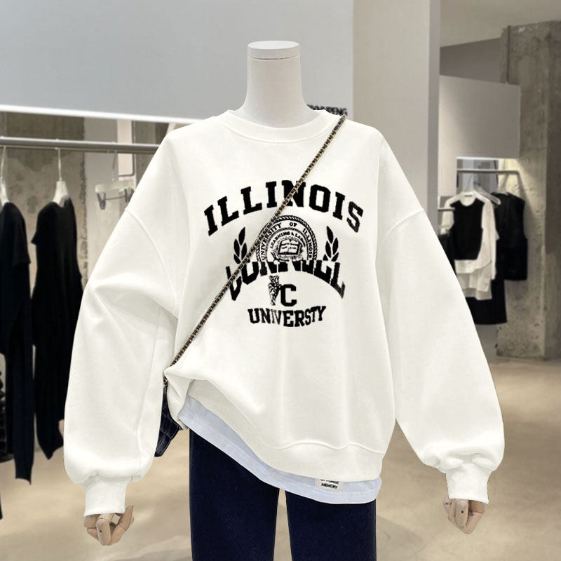 字母白色圆领卫衣女2025春秋冬宽松加绒加厚假两件中长款遮屁股潮,女装/女士精品,卫衣/绒衫,淘宝优惠券,粉丝福利购,淘宝优惠卷