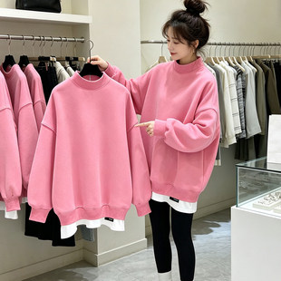 粉色半高领假两件韩版卫衣女2026新款春秋冬加绒宽松时尚中长款