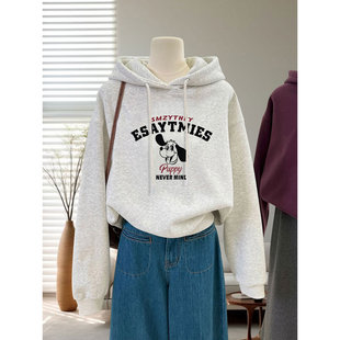 灰色连帽卫衣女加绒2026新款春秋冬薄款黑白小狗带帽上衣外套短款