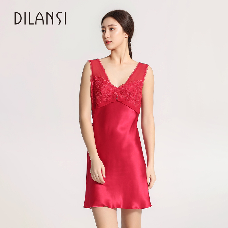 狄兰丝桑蚕丝真丝睡衣女19姆米V领红色露背性感吊带睡裙短裙外穿