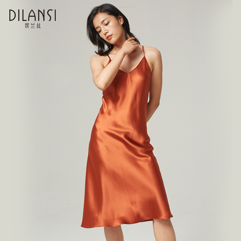 狄兰丝真丝睡裙女秋季性感V领吊带露背长裙重磅桑蚕丝丝绸睡衣