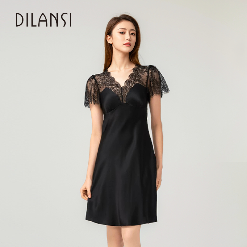 狄兰丝真丝睡裙女性感蕾丝短裙