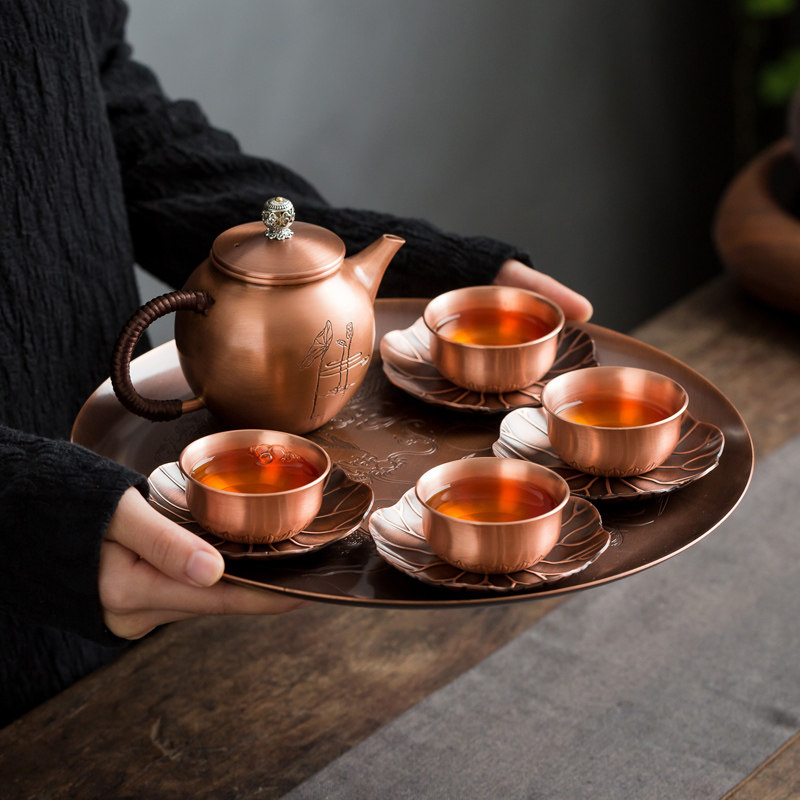 德天小铜壶家用泡茶壶功夫茶道养生沏茶壶复古紫铜茶盘铜茶杯套装