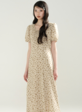 apa studio【油画栀子】法式茶歇碎花连衣裙25夏季新款泡泡袖长裙