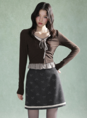 apa studio/甜心玩家/早秋纯欲长袖T恤短款V领上衣假两件针织上衣