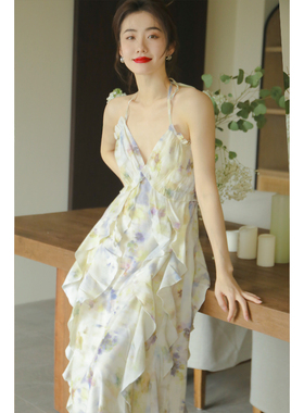 apa studio一眼沦陷法式蓝色碎花吊带夏季超仙海边度假沙滩长裙女