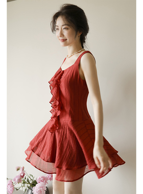 apa studio少女诗集红色吊带连衣裙女夏小众原创设计收腰天丝短裙