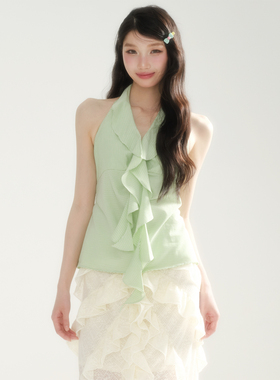 apa studio【薄荷微澜】法式荷叶边V领挂脖背心收腰无袖露背上衣