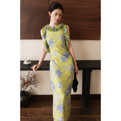 apa studio/夏日梦核/油画绿花连衣裙女新中式荷叶肩袖国风长裙