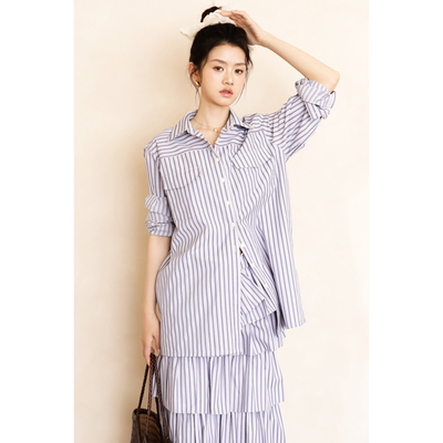 apa studio/夏日梦核/蓝色宽松条纹衬衫女设计感小众百搭长袖上衣