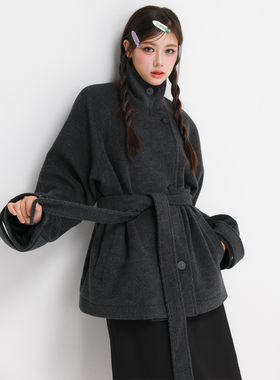 apa studio黑色立领呢子大衣女2025新款毛呢短款外套小个子赫本风