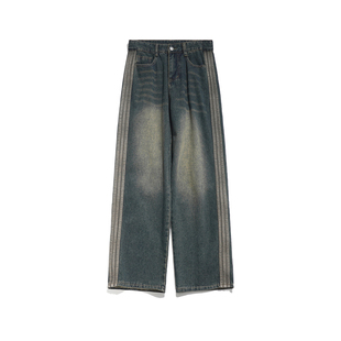 侧边三条杠水洗牛仔裤男款美式高街时尚阔腿裤春秋学生潮流休闲裤