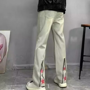 春秋季松紧腰牛仔裤男款设计拉链微喇裤直筒系绳宽松星星印花长裤