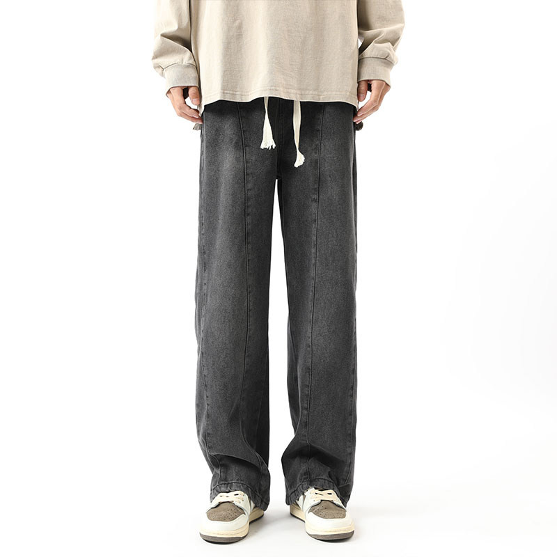 夏季高街牛仔裤男款港风潮牌宽松直筒裤复古做旧重磅百搭休闲裤子