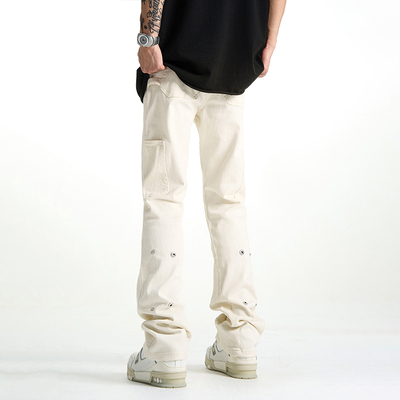 美式潮牌铆钉白色牛仔裤男款复古小众设计感直筒长裤宽松休闲裤子