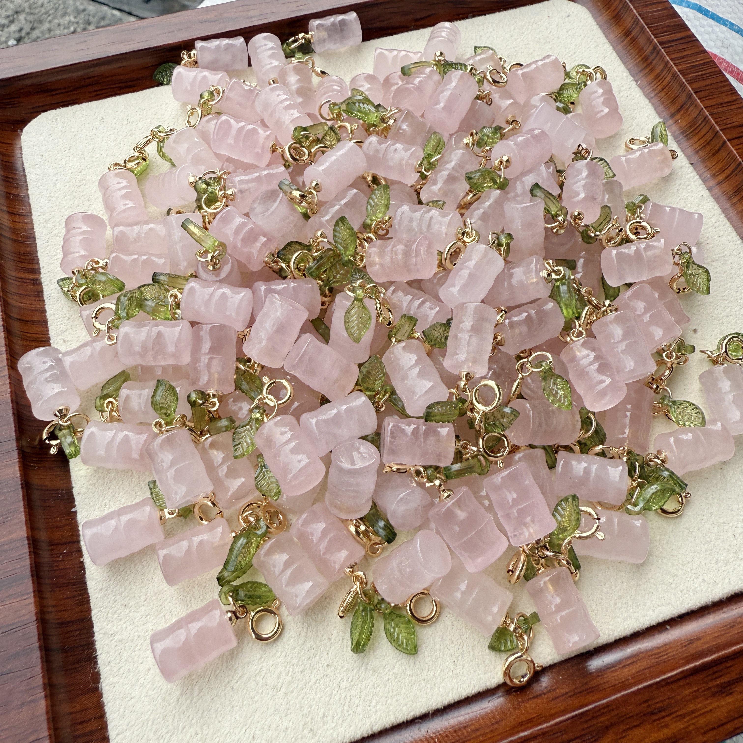 天然粉水晶竹节半孔小滴溜吊坠手链耳环手工diy半成品饰品配件