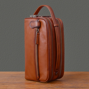 二十四街  复古风潮流植鞣擦色牛皮手拎包真皮多隔层带锁手拿包