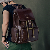 二十四街 纯手工男士 进口重油植鞣牛皮双肩包真皮复古旅行背包