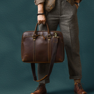 二十四街 复古疯马皮厚牛皮大号公务办公包手提多隔层公文包