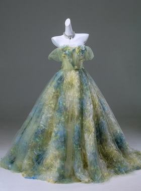 绿色抹胸重工晚礼服女大裙摆一字肩音乐艺考钢琴声乐生日礼服