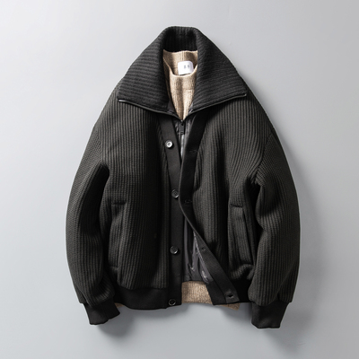 假两件拼接大翻领针织开衫羽绒服