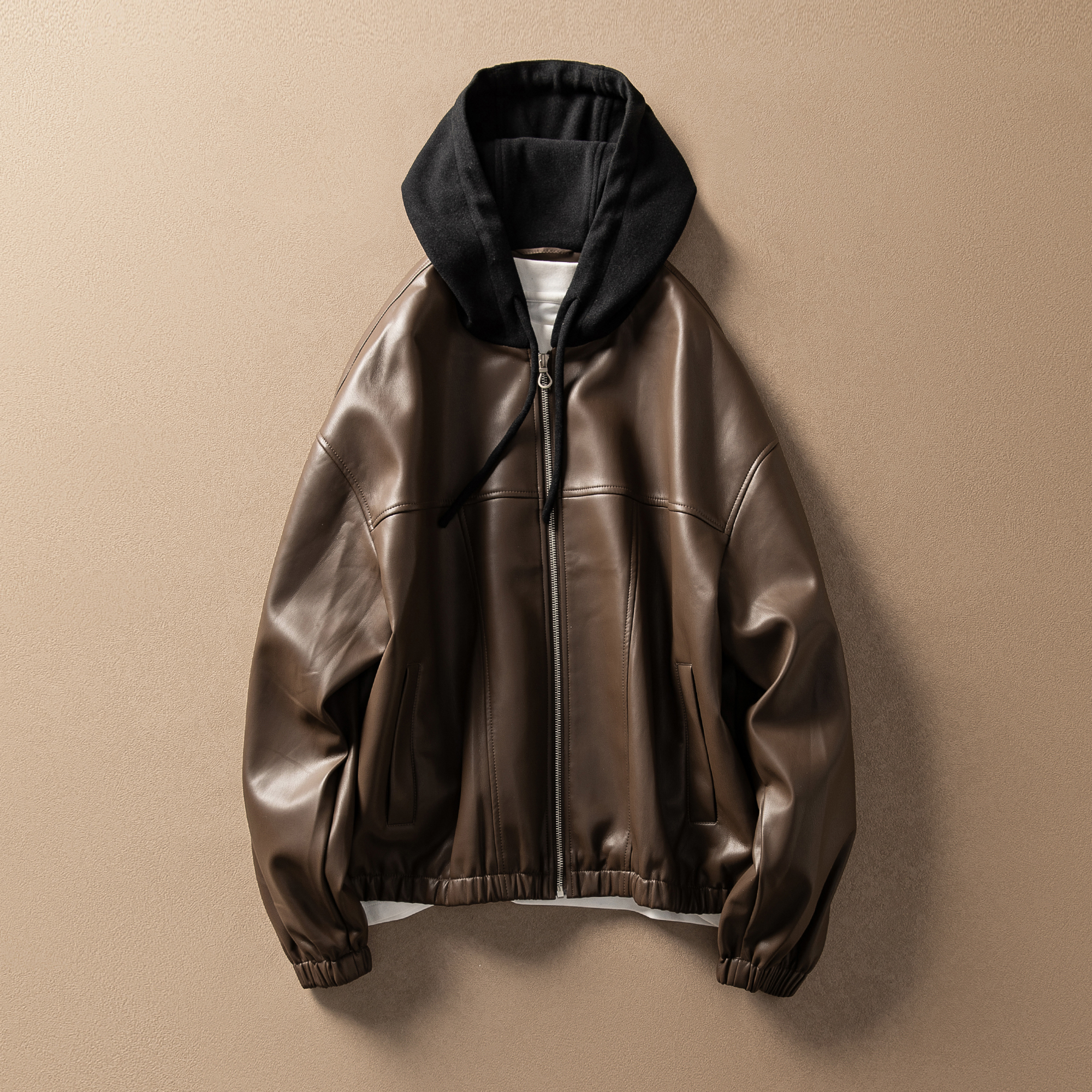 CLEANFIT廓形拼接连帽皮衣夹克