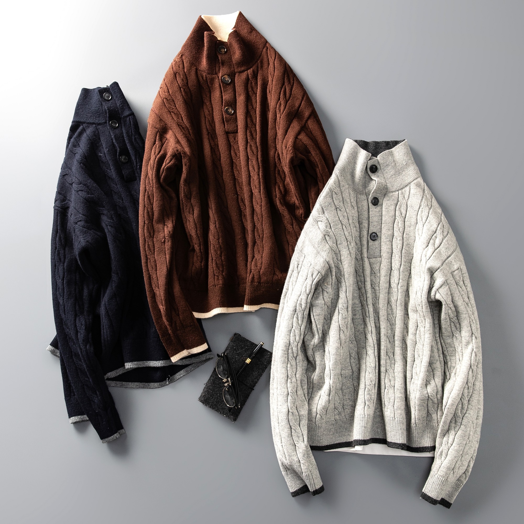 老钱风双层立领绞花针织衫男冬季软糯保暖羊毛混纺纽扣半开襟毛衣,男装,针织衫/毛衣,淘宝优惠券,粉丝福利购,淘宝优惠卷