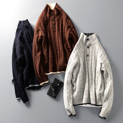 老钱风双层立领绞花针织衫毛衣男