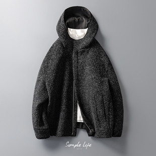廓形圈圈呢毛呢外套 连帽羊毛大衣男BOXY短宽版 冬季 加厚羊驼毛短款